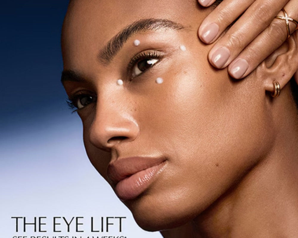 Woman with hand on face, promoting 'The Eye Lift' with text about results.