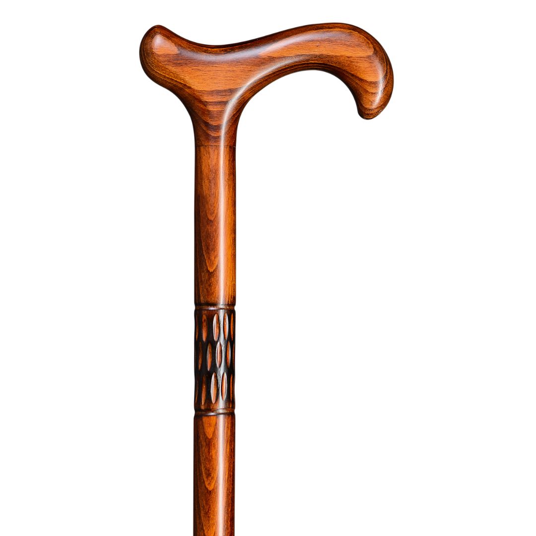 1378 Wooden walking cane with decorative pattern on a white background