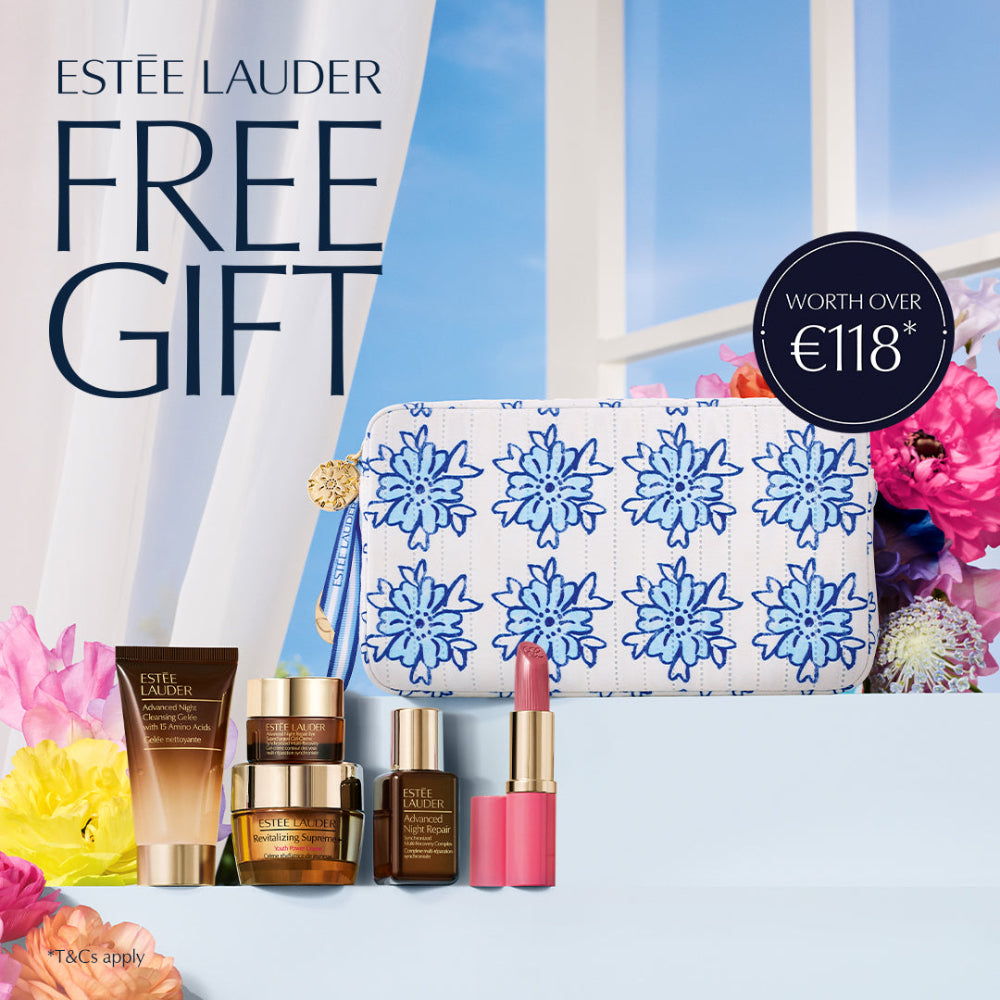 Estée Lauder beauty products with a free gift offer on a decorative background.