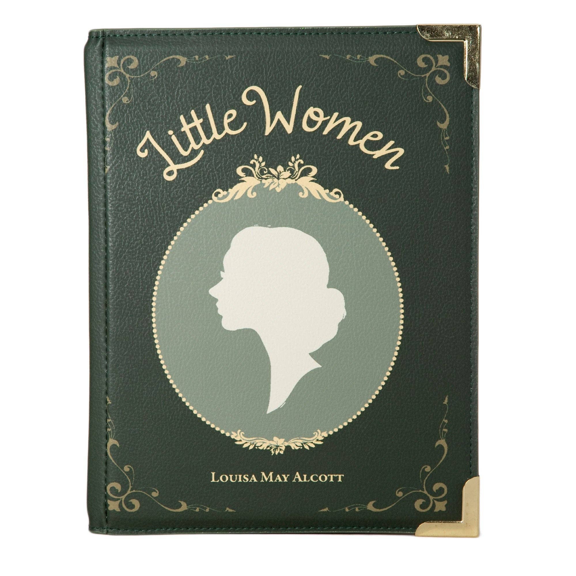 Book-shaped handbag with 'Little Women' design on a white background