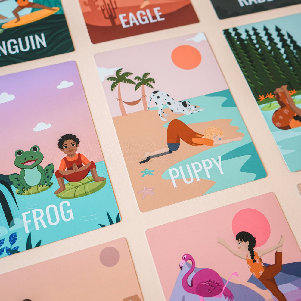 Illustrated cards with various animals and scenes, each labeled with a name.