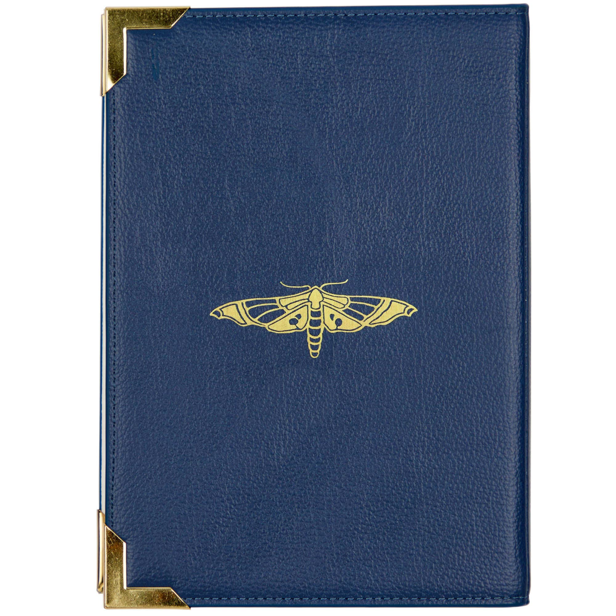 Blue book-shaped handbag with butterfly design and 'Moths and Butterflies' text on a white background