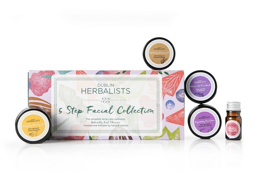 Dublin Herbalists 5 Step Facial Collection with various skincare products on a white background
