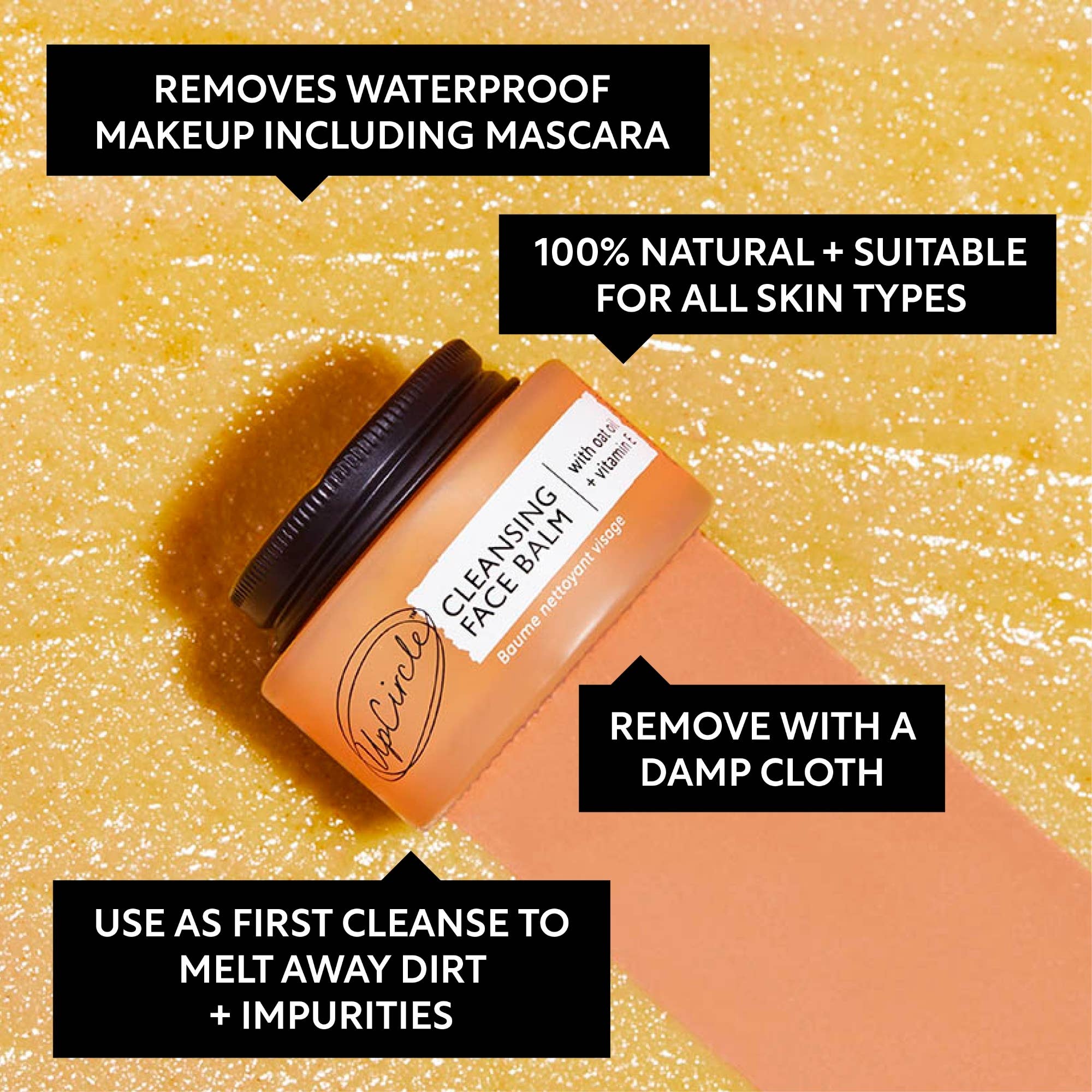 Cleansing face balm jar with text on a textured yellow background