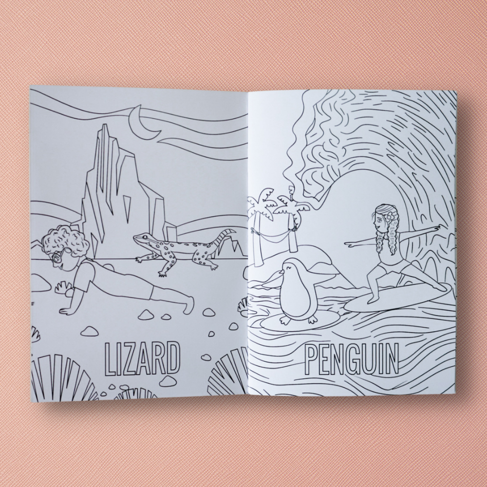 Open coloring book with illustrations of a lizard and a penguin on a pink background