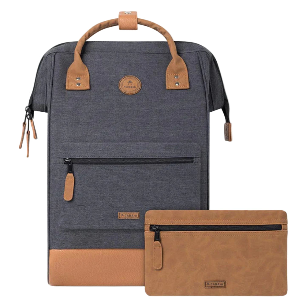 Gray backpack with brown accents and matching pouch on a white background