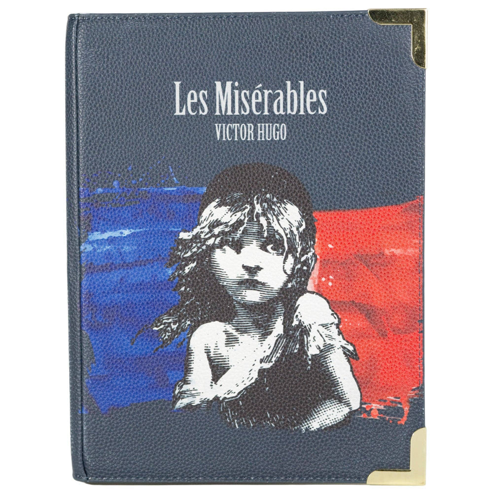 Book cover of 'Les Misérables' with a stylized illustration on a blue and red background