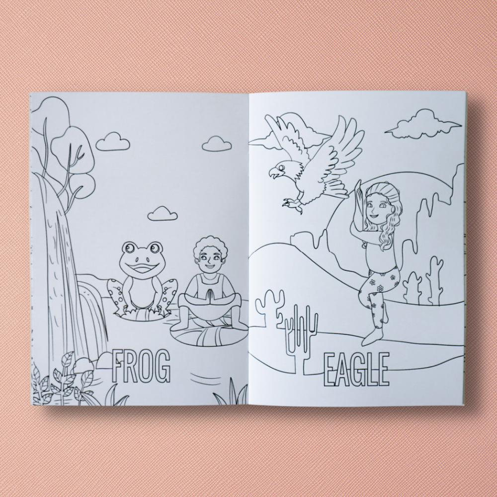Open coloring book with illustrations of a frog, a boy, an eagle, and a girl on a peach-colored background.