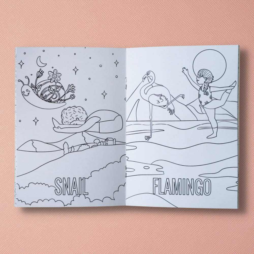 Open coloring book with 'Snail' and 'Flamingo' illustrations on a pink background