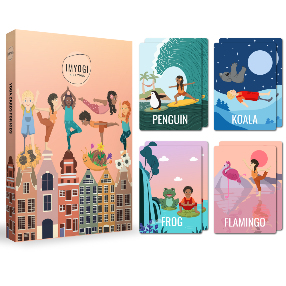 Yoga cards with illustrations of children and animals, including a box labeled 'IMYOGI Kids Yoga'.