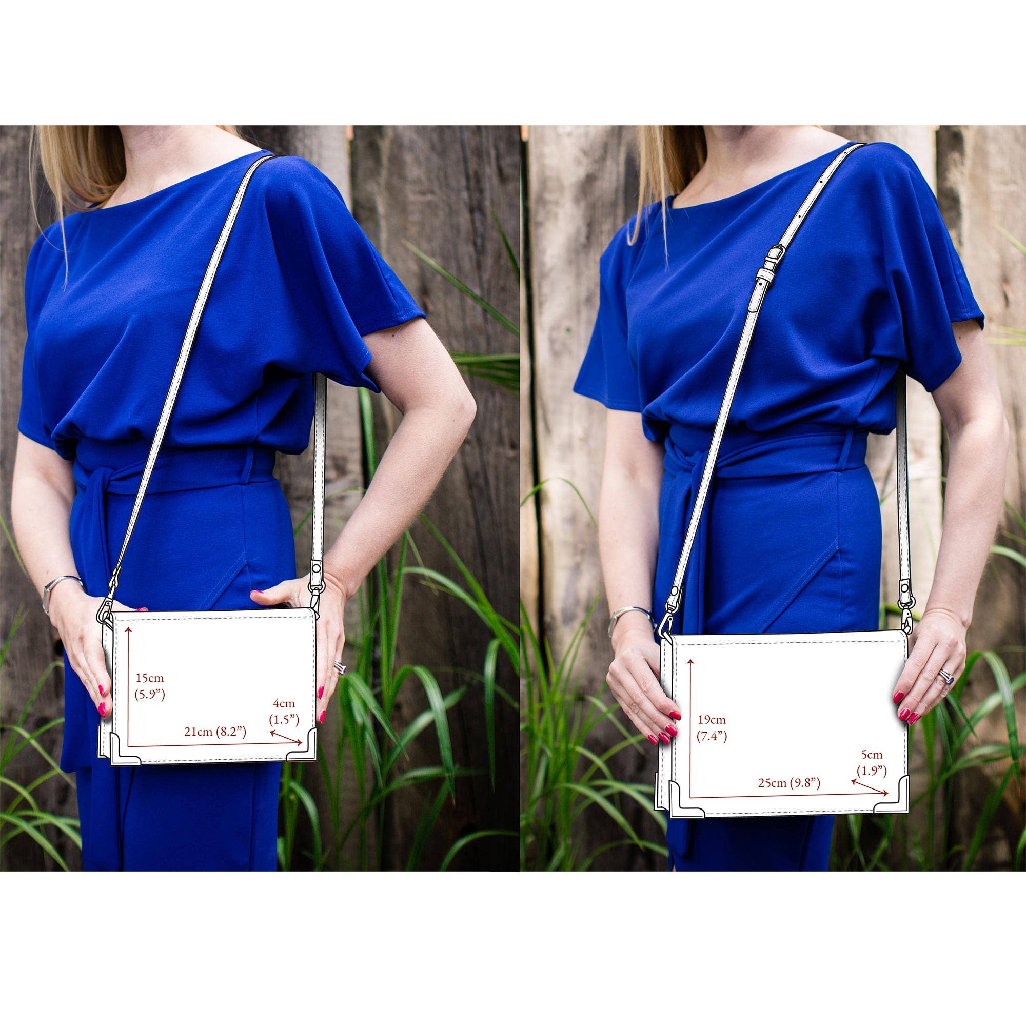 Woman holding a white handbag with measurements, wearing a blue outfit against a wooden fence background.