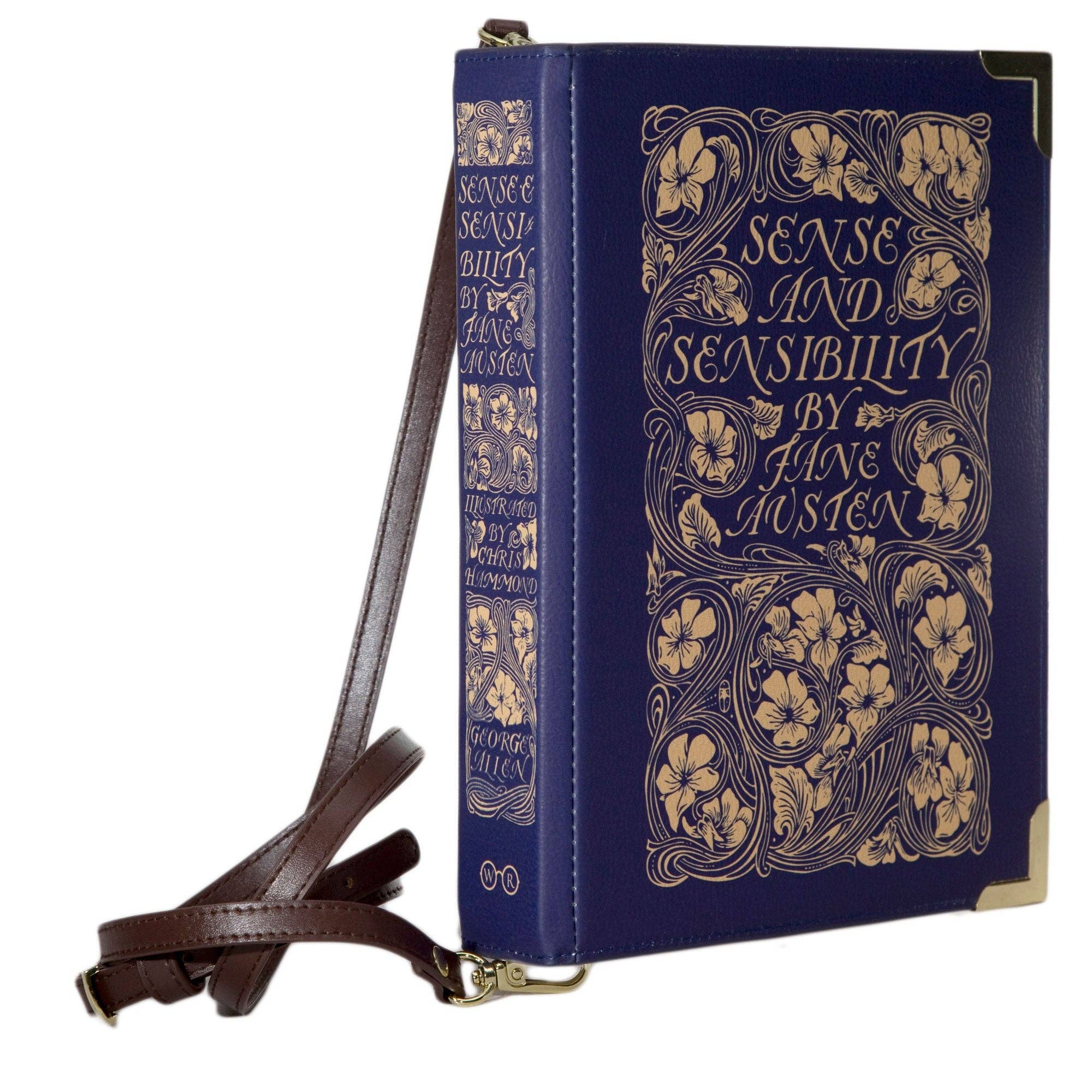 Book-shaped handbag with 'Sense and Sensibility' design on a white background