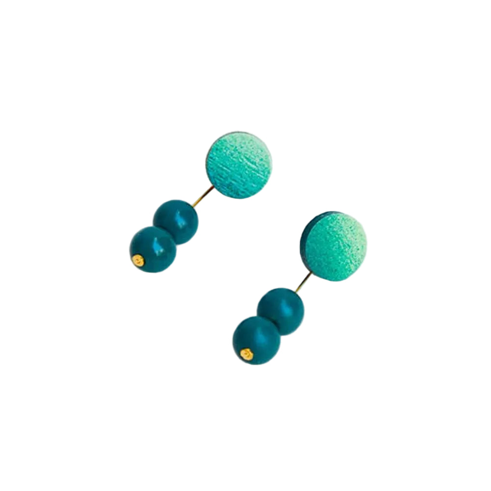 Teal earrings with gold accents on a light gray background