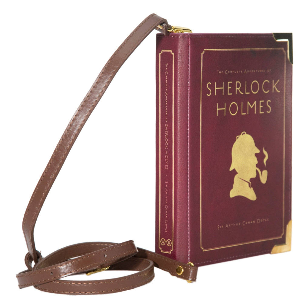 Sherlock Holmes book-shaped purse with brown strap on a white background