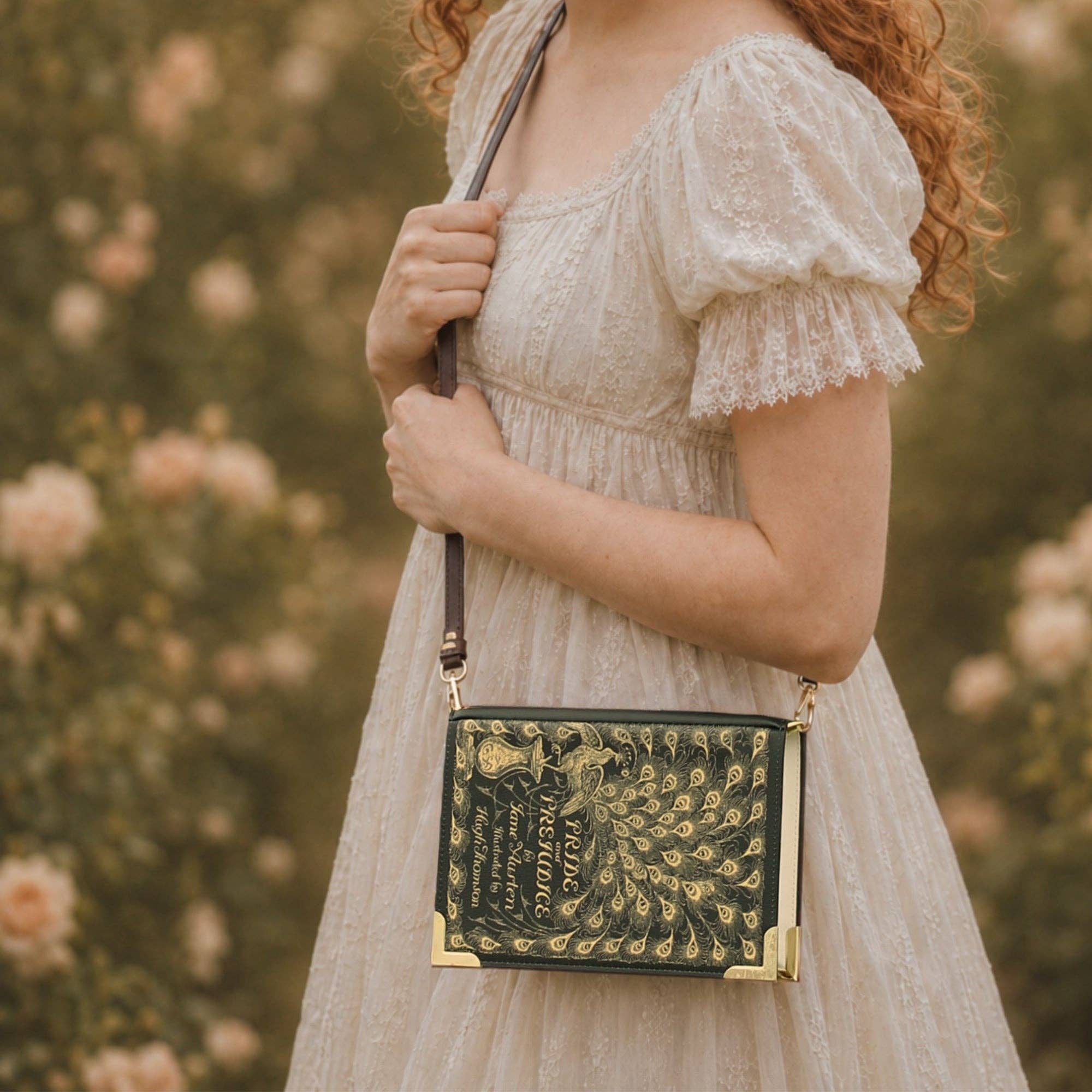 Book-shaped handbag with 'Pride and Prejudice' design