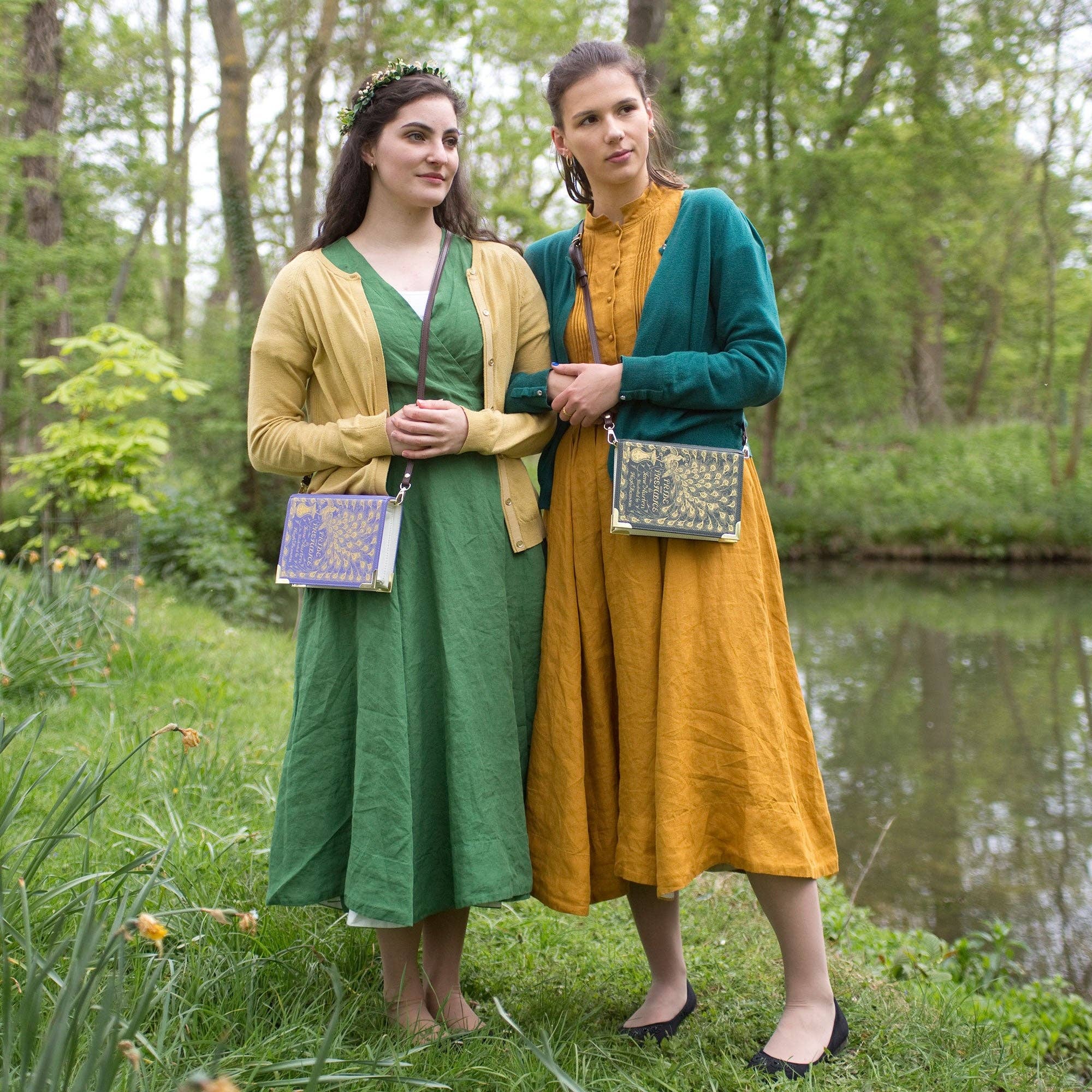 Book-shaped handbag with 'Pride and Prejudice' design on models