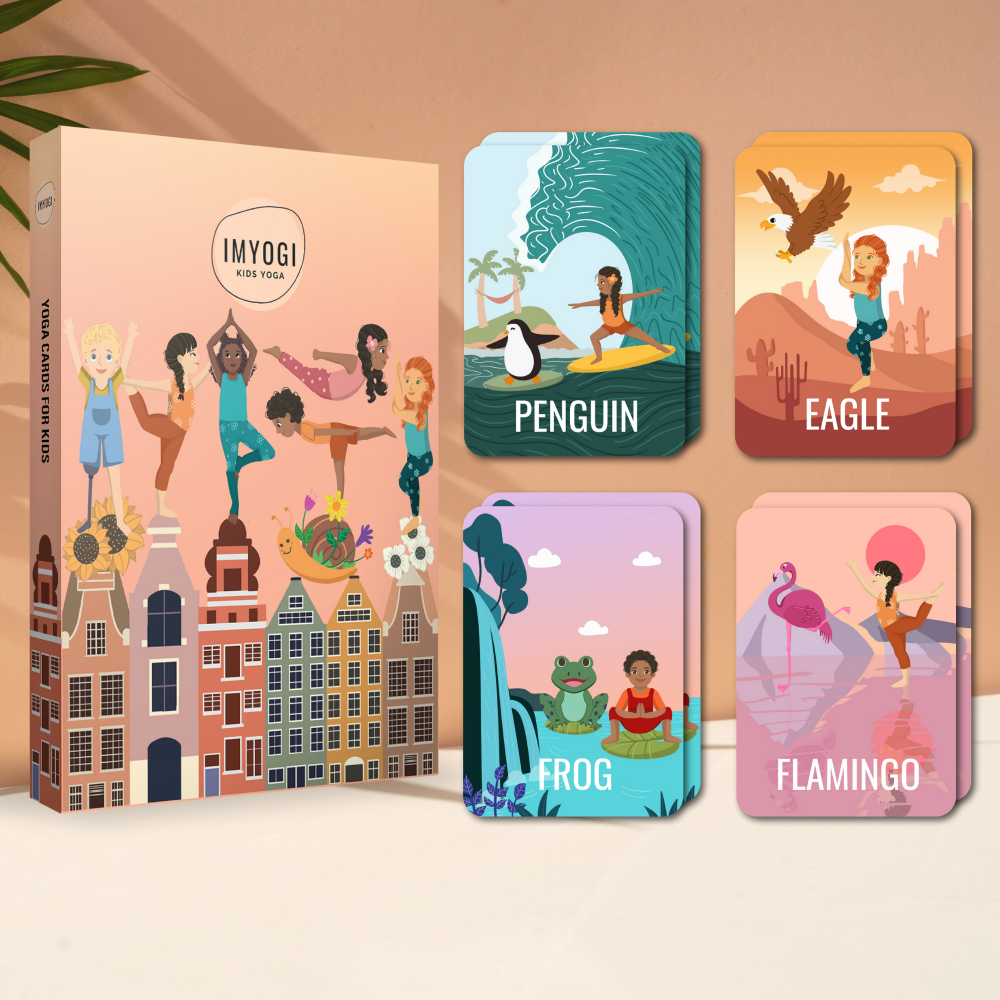 Set of colorful cards with illustrations and text on a beige background