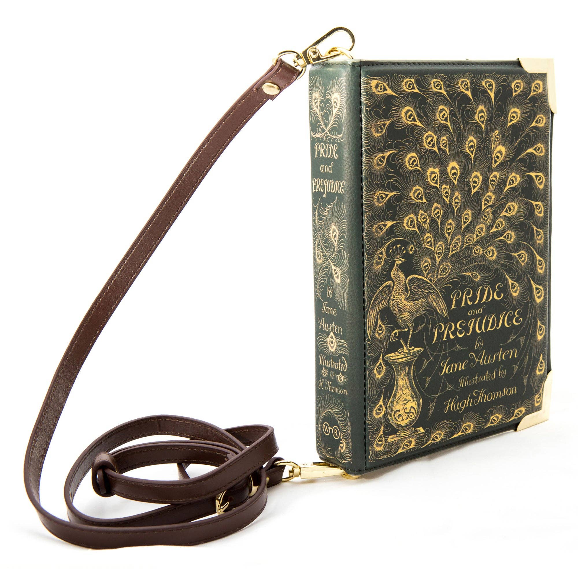 Book-shaped handbag with 'Pride and Prejudice' design on a white background