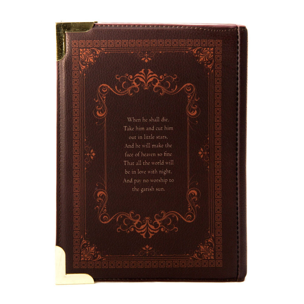 Decorative brown book with ornate design and text on a white background