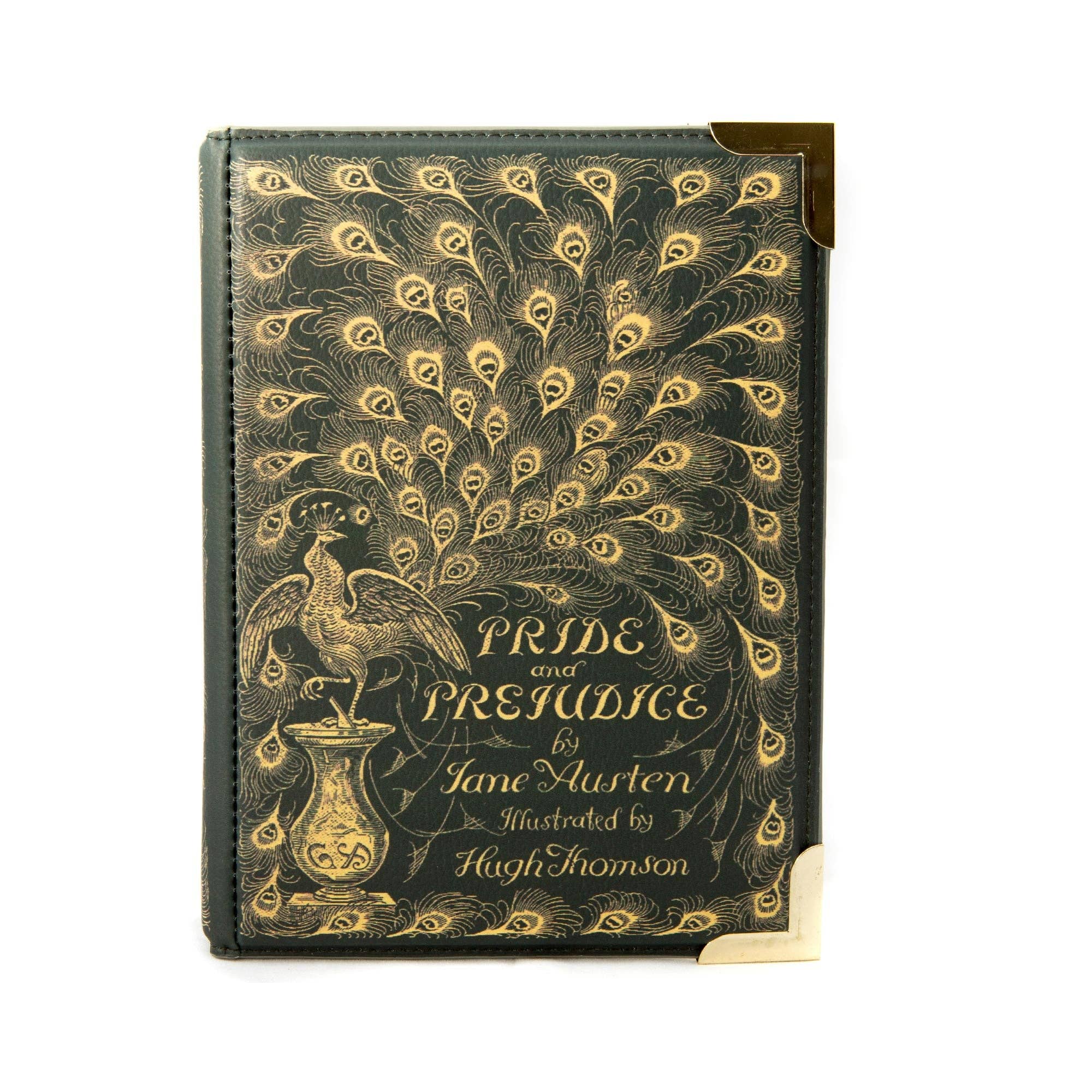 Book-shaped handbag with 'Pride and Prejudice' design on a white background