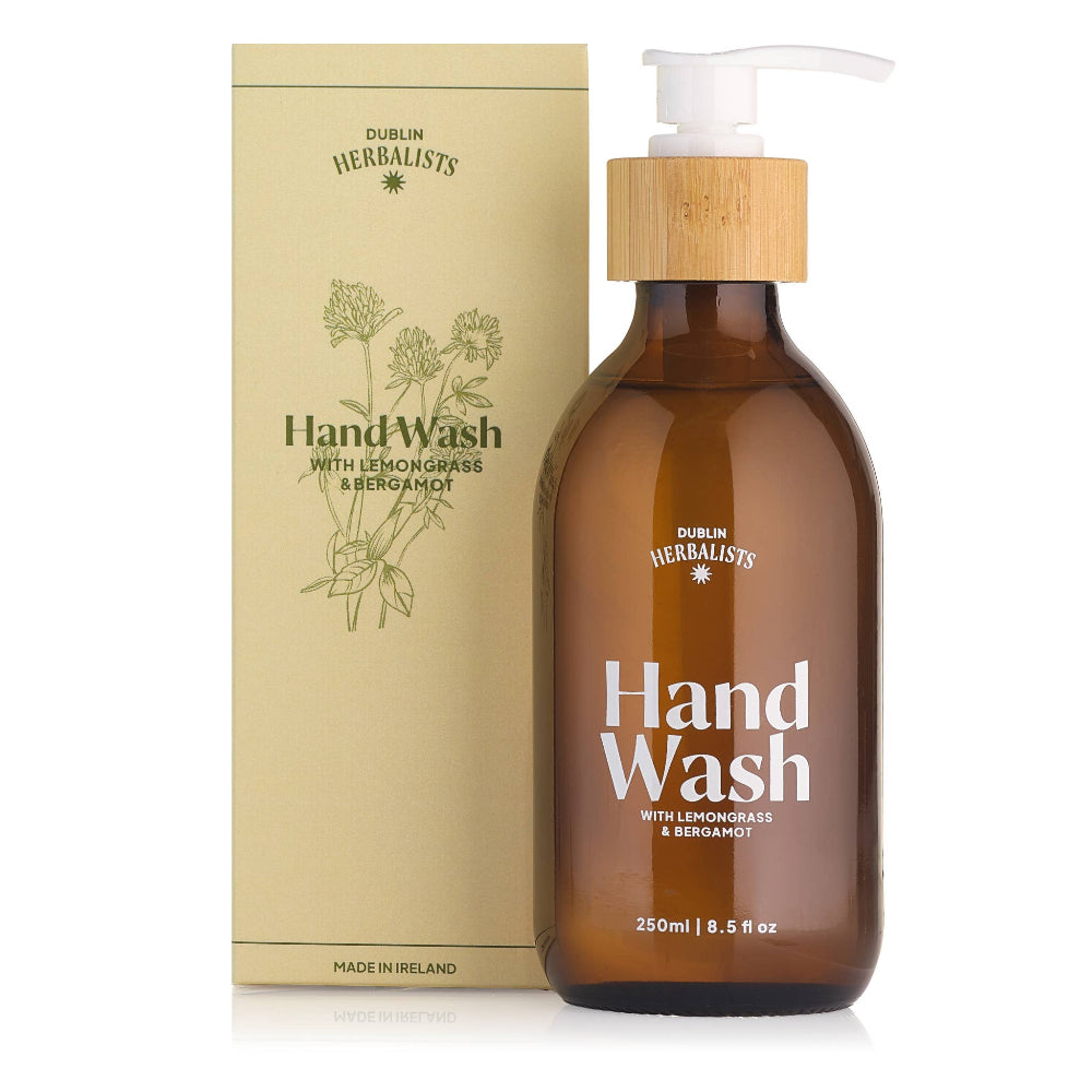 Brown hand wash bottle with pump and packaging labeled 'Dublin Herbalists' on a white background