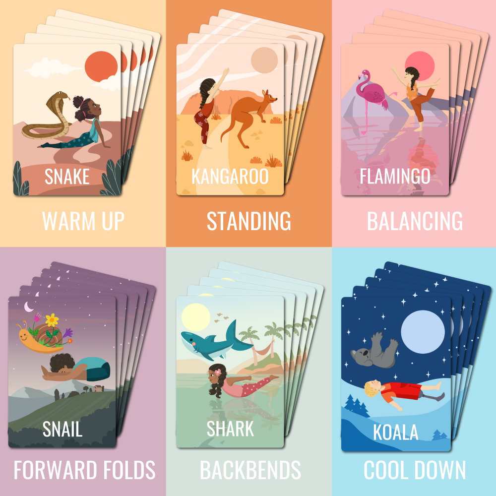 Set of yoga cards with illustrations and names on a colorful background