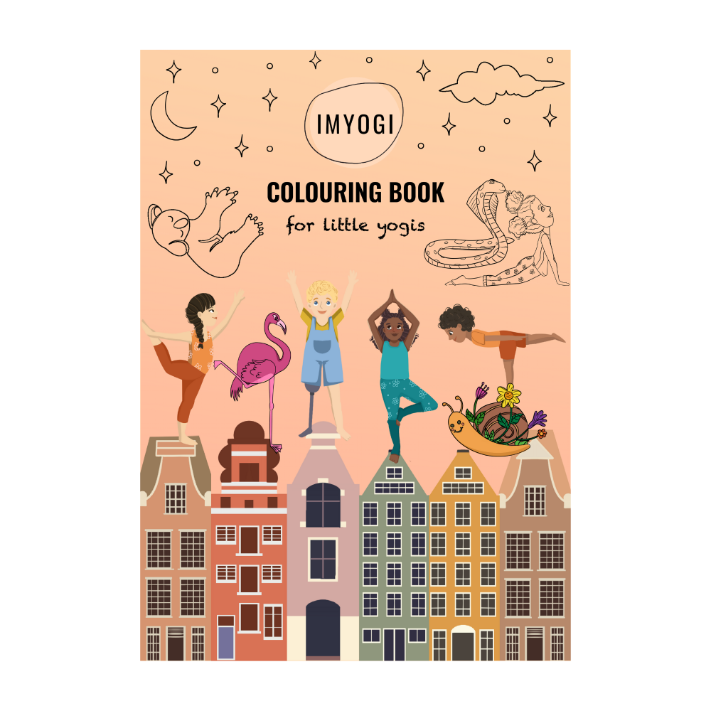 Coloring book cover for 'IMYOGI' with illustrations of children and buildings on a peach background.