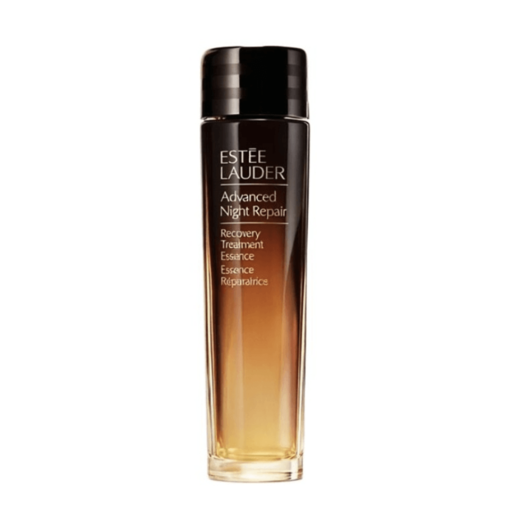 Estée Lauder Advanced Night Repair Recovery Treatments Essence bottle, featuring a black cap and a clear glass body with a warm amber-to-brown gradient, set against a plain white background.