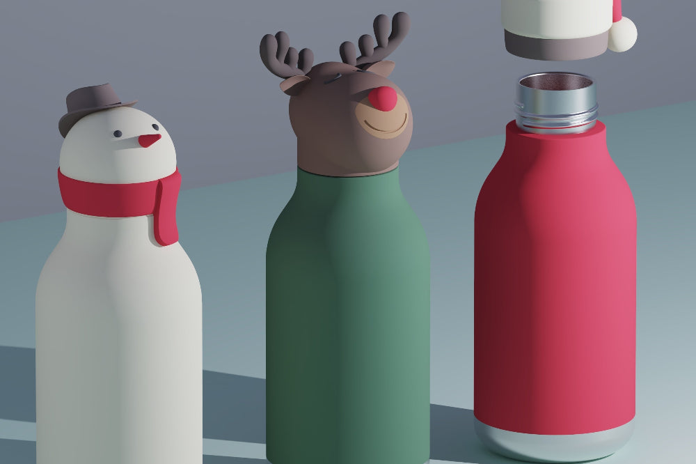 Three decorative water bottles with Christmas-themed designs on a gray background