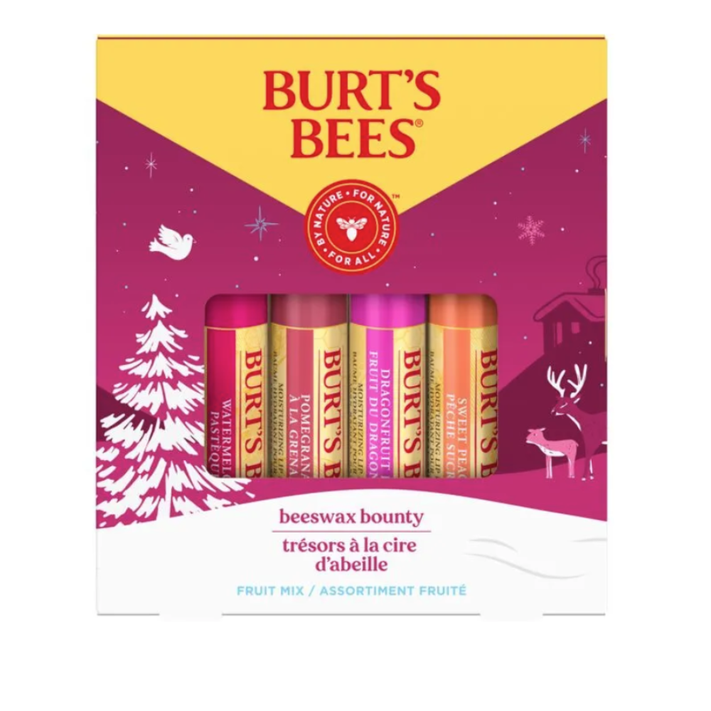 Burt's Bees lip balm set in a decorative box with Christmas-themed illustrations.
