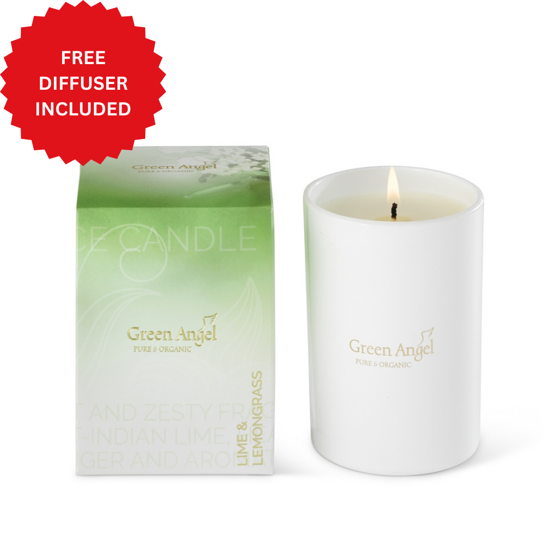 Green Angel candle with packaging and a free diffuser included on a white background