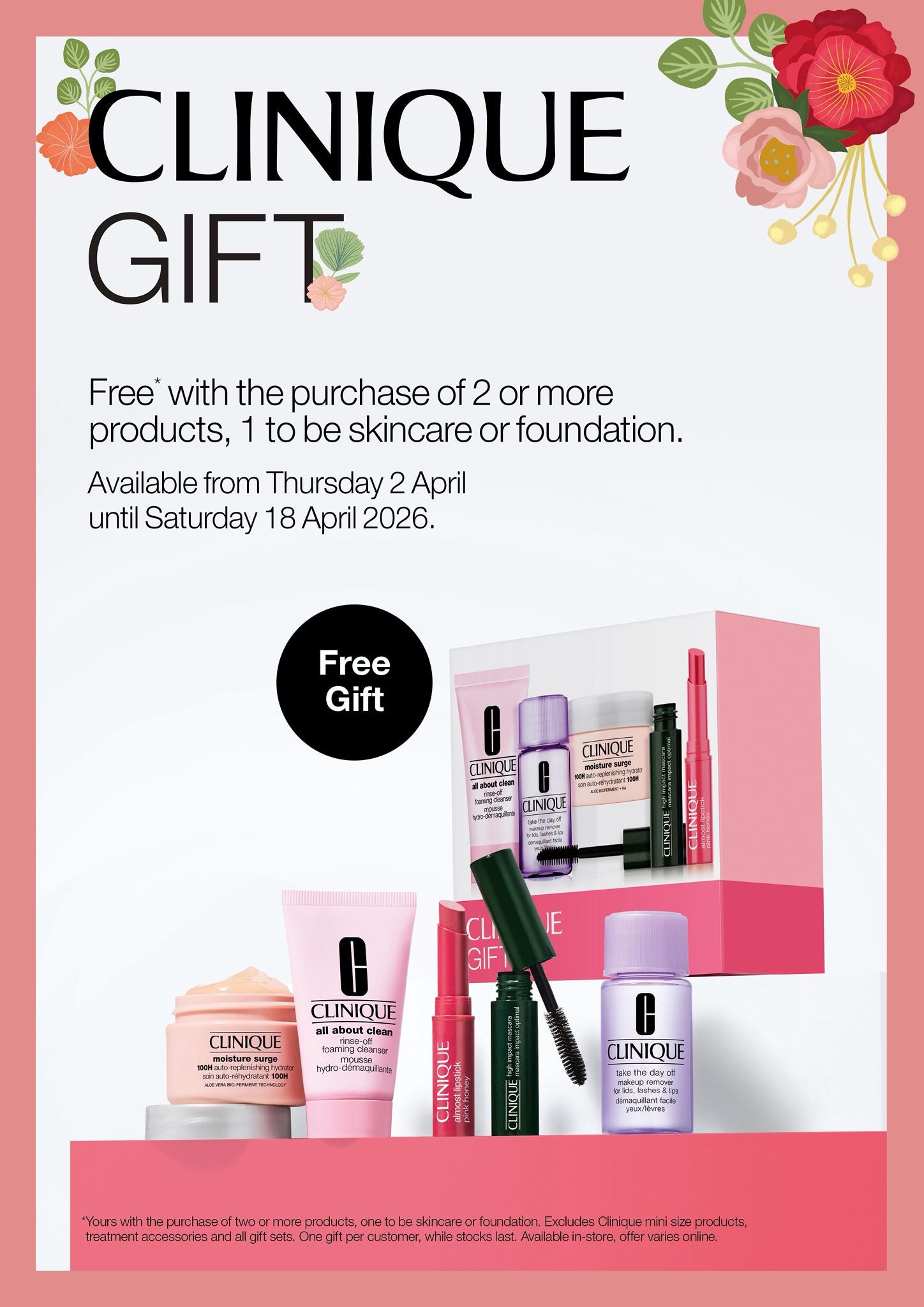 Clinique promotional flyer with skincare products and a free gift offer.