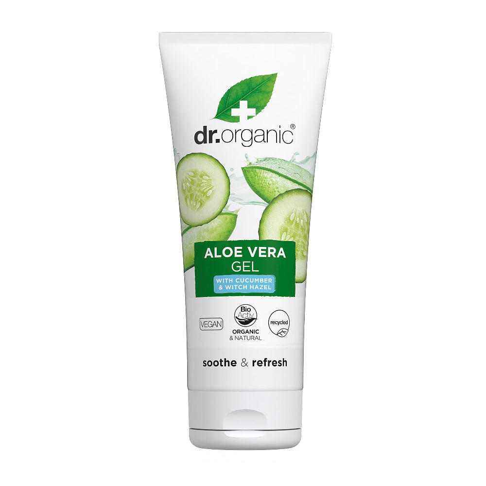 Dr. Organic aloe vera gel tube with cucumber slices on a white background