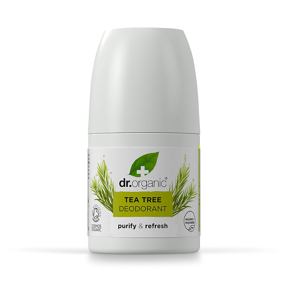 Dr. Organic tea tree deodorant bottle on a white background