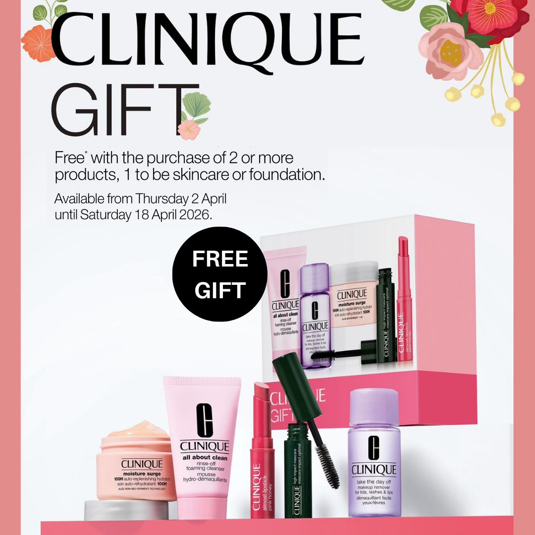 Clinique promotional flyer with skincare products and a free gift offer.