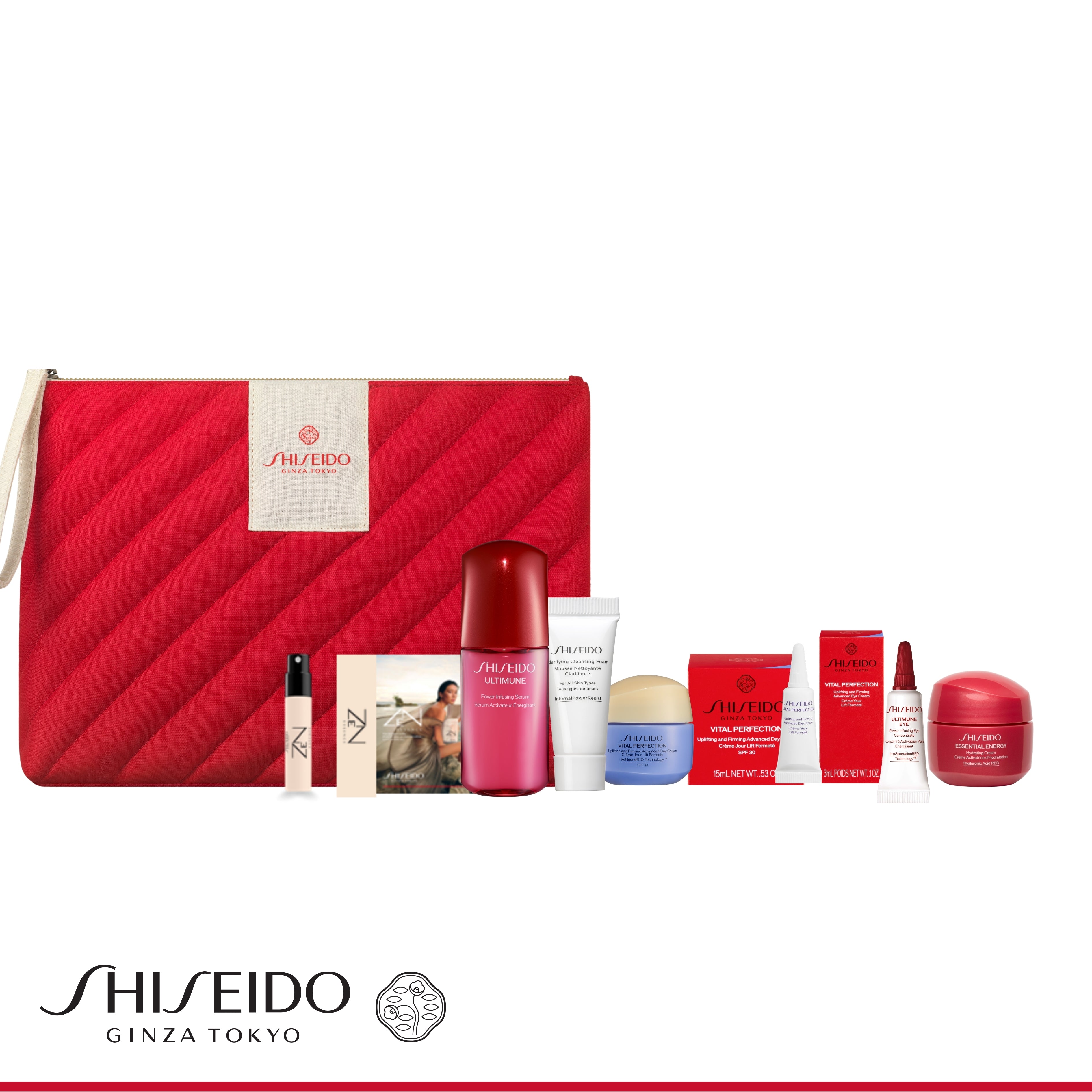 Shiseido skincare product set with a red pouch on a white background