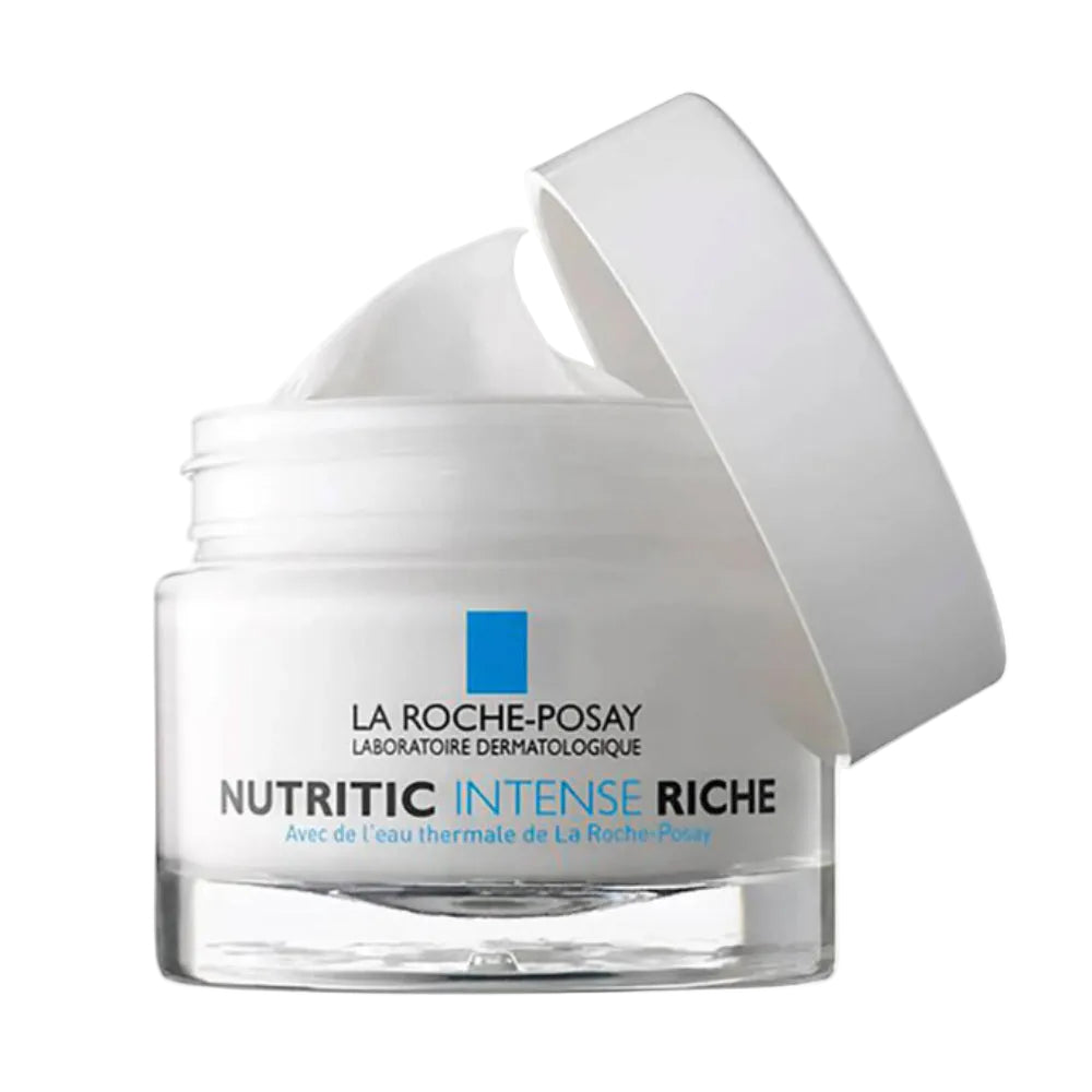 A jar of La Roche-Posay Nutritic Intense Riche Cream for very dry skin, with a white lid and blue label.