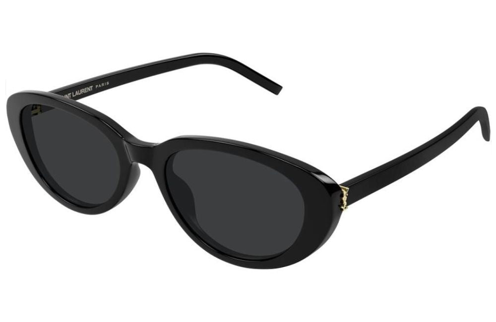 Saint Laurent black cat-eye sunglasses with dark lenses and gold metal accents on the temples, shown on a plain white background.