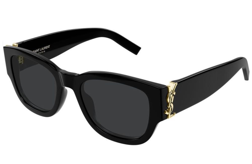 Saint Laurent sunglasses with a glossy black acetate frame, dark lenses, and gold-tone metal accents featuring the brand's signature YSL logo on the temples.