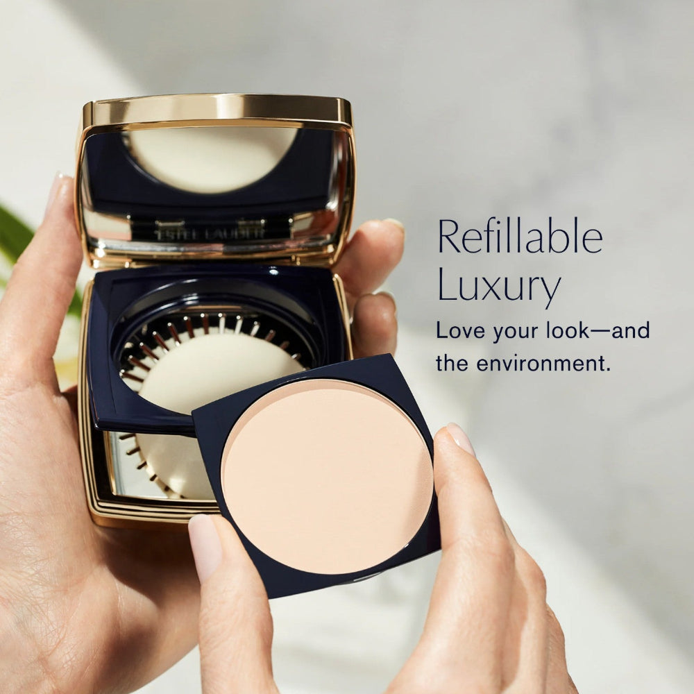 Refillable makeup compact held by a hand with text 'Refillable Luxury' on a light background.