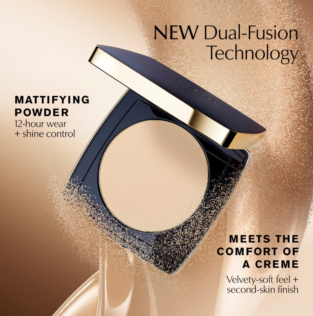 Mattifying powder compact with 'New Dual-Fusion Technology' text on a beige background