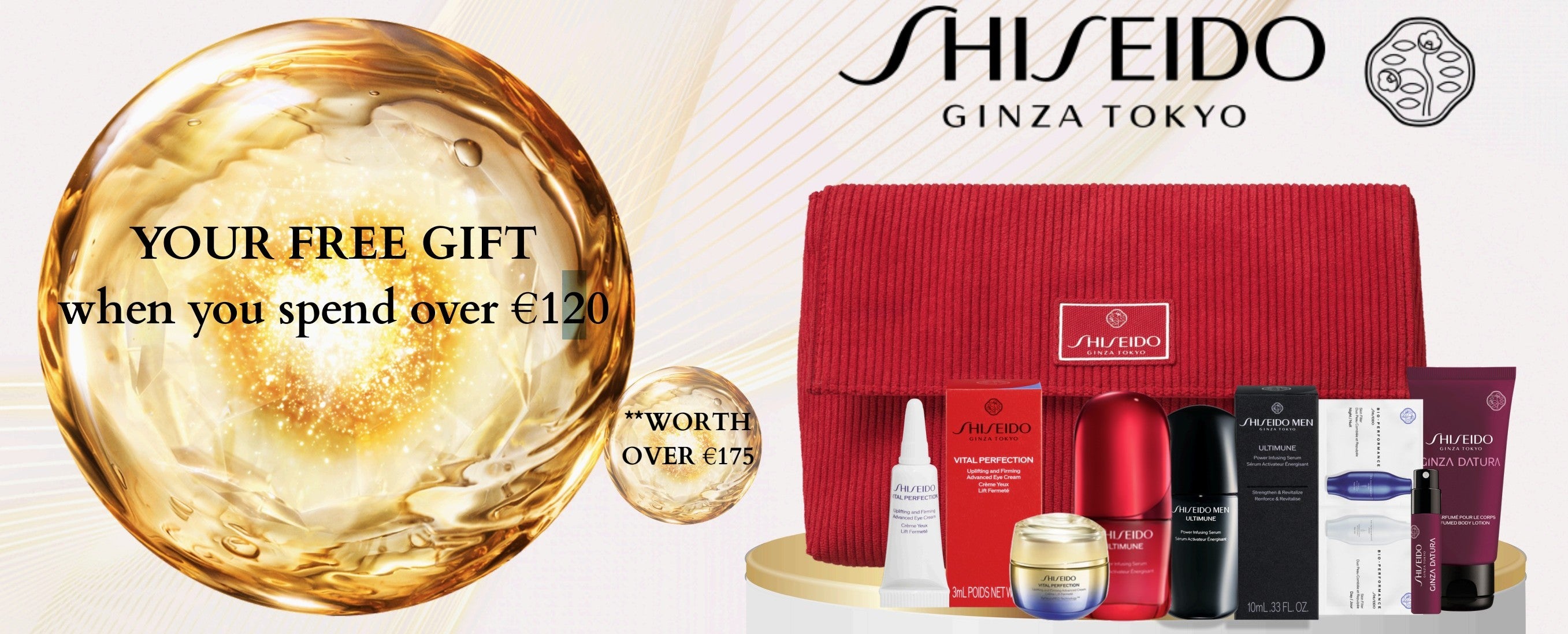 Shiseido beauty product set with free gift offer on a white background