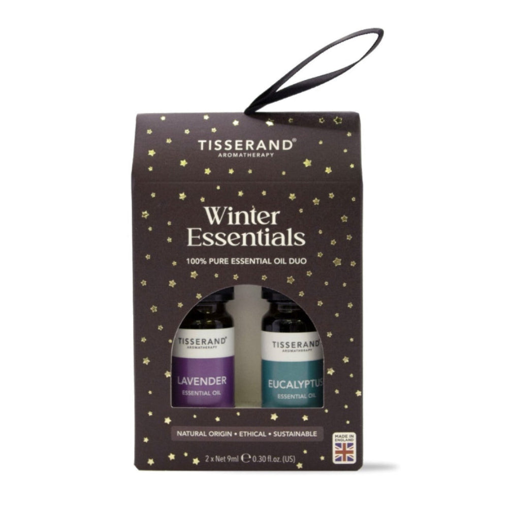 Tisserand Winter Essentials essential oil duo packaging on a white background