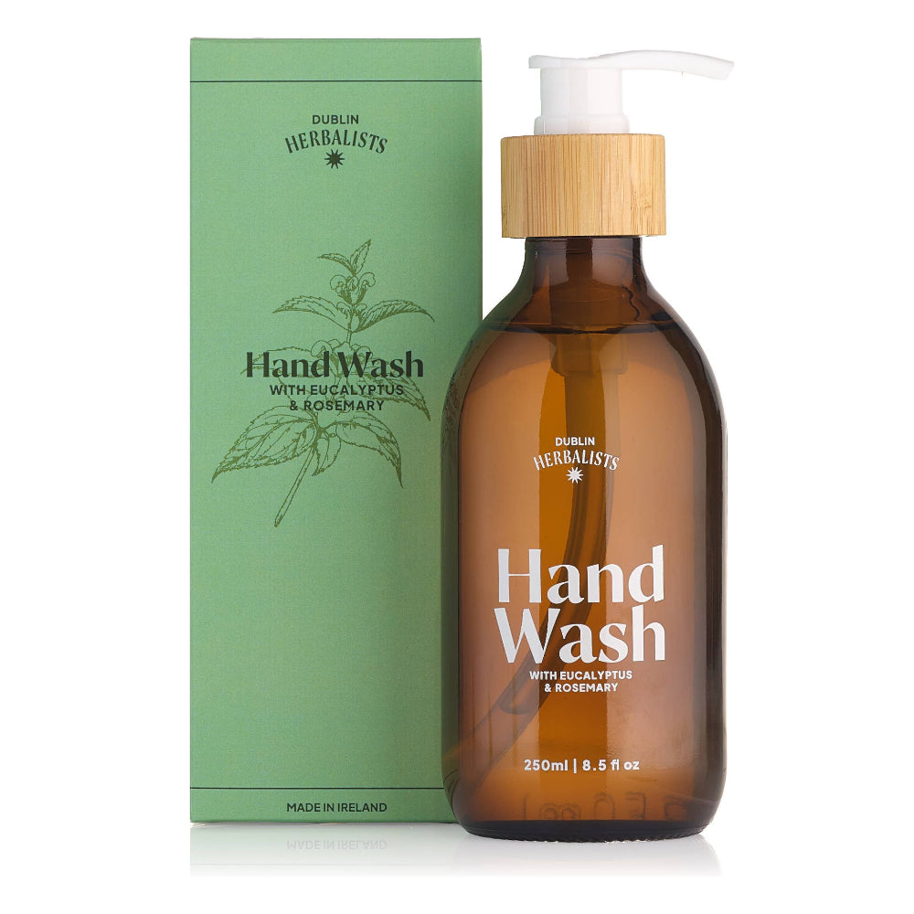 Brown bottle of Dublin Herbalists hand wash with a green box on a white background