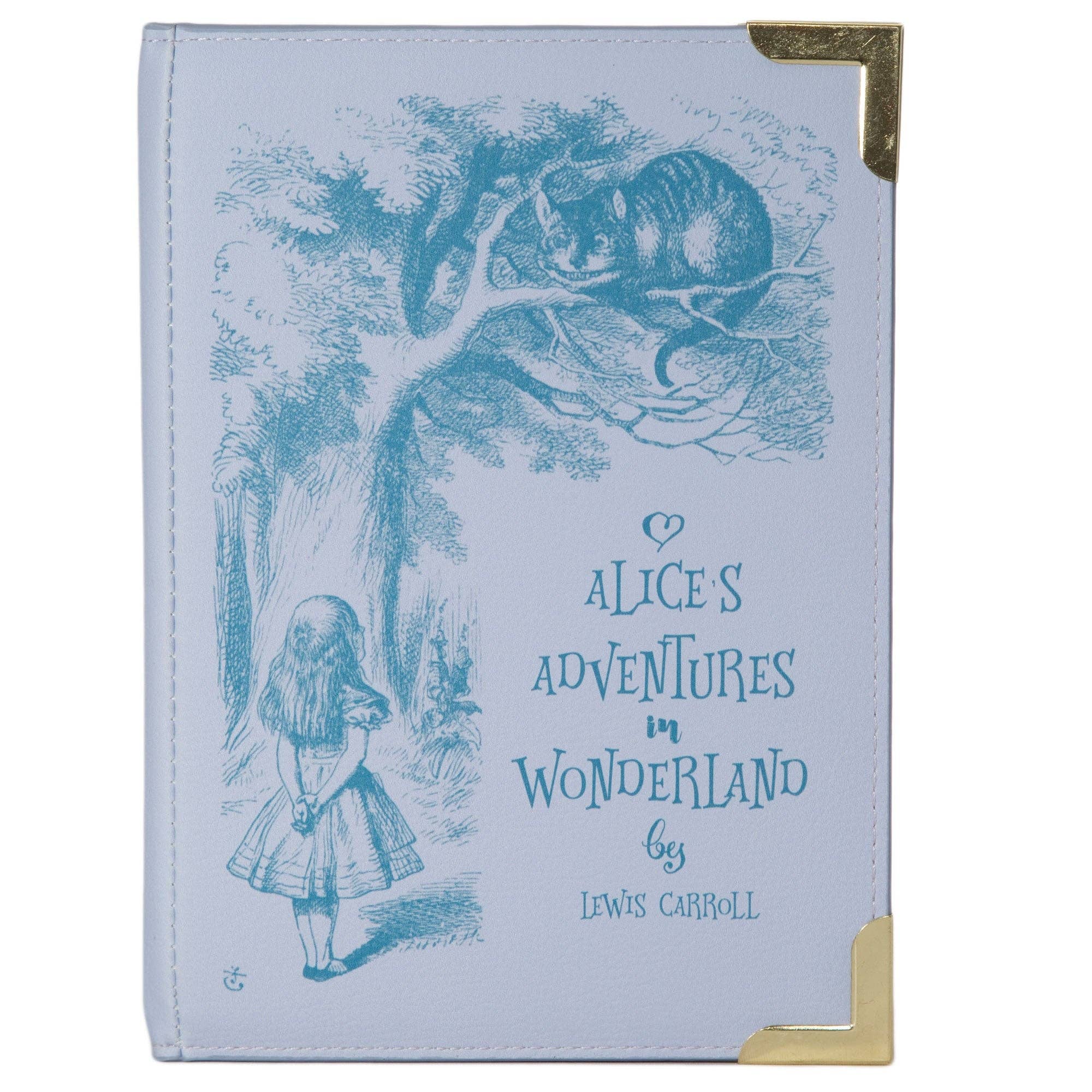 A purple faux-leather crossbody bag designed to look like a vintage Alice in Wonderland book, featuring a dark brown leather shoulder strap and gold-tone hardware.