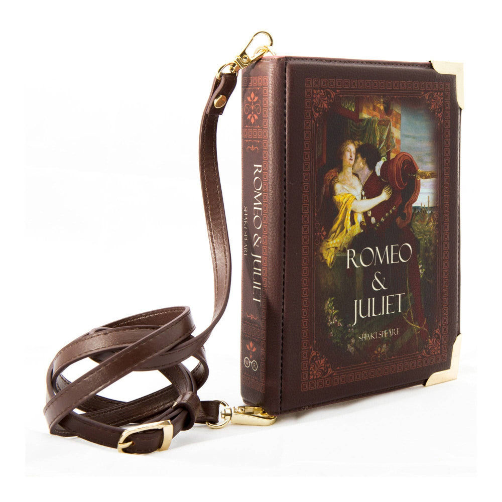 Book-shaped handbag with 'Romeo & Juliet' design on a white background
