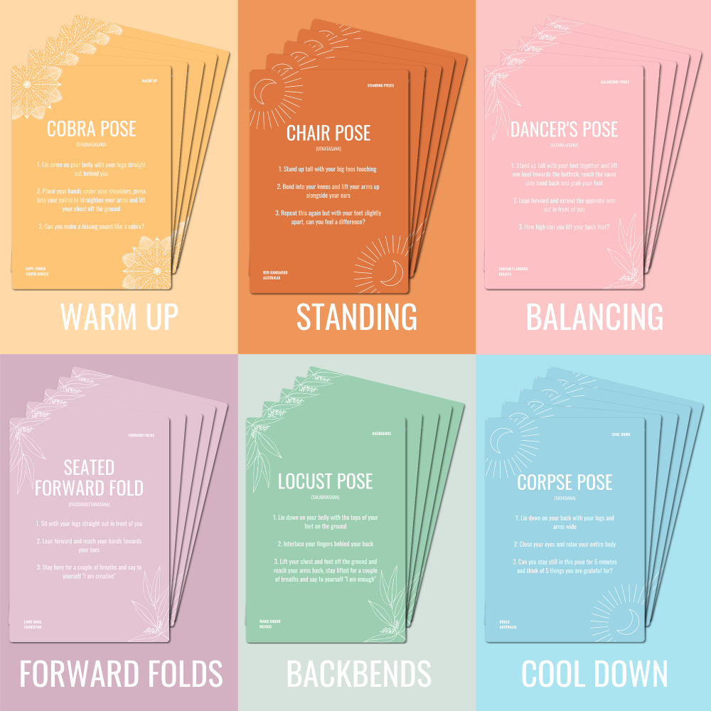 Set of yoga pose cards categorized into warm up, standing, balancing, forward folds, backbends, and cool down on a gradient background.
