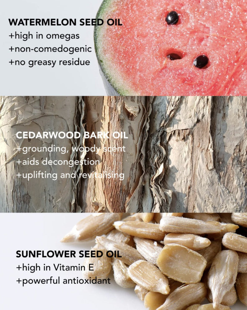 Image of watermelon, cedarwood bark, and sunflower seeds with text about their properties.