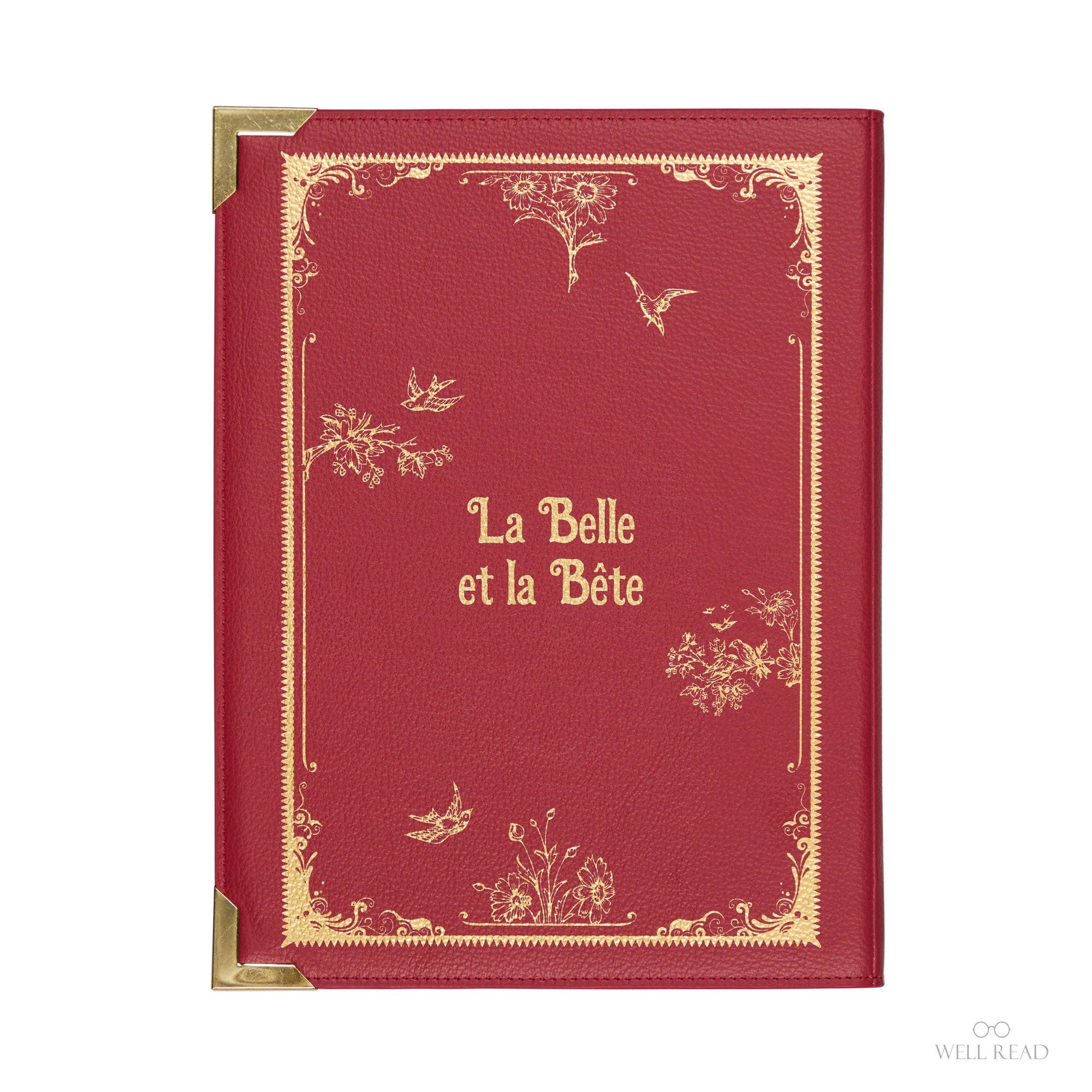 A red faux-leather crossbody bag designed to look like a vintage 'Beauty & the Beast' book, shown on a white background.