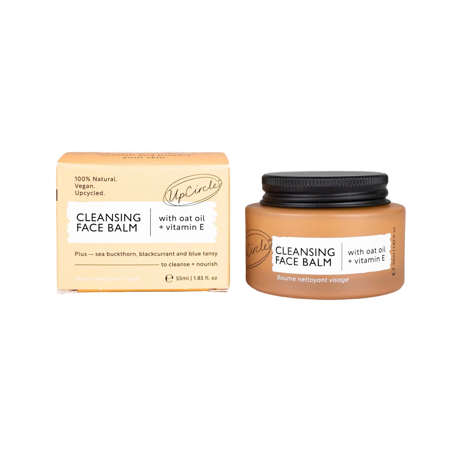 UpCircle cleansing face balm jar and box on a light gray background